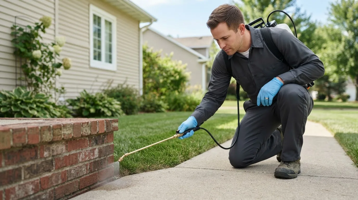 Pest control technician treating a home near El Dorado, KS